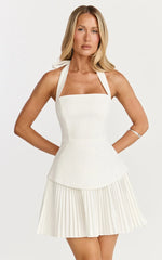 Calla Mini Dress - Halter Neck Peplum Pleated Skirt Dress in Off White
