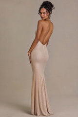 Embellished Plunge Neck Open Back Gown in Beige Gold