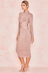 JuliaFashion - 2024 Rayon High Quality Turtleneck Lace Up Bandage Dress