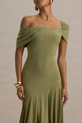 Castor Olive Asymmetric Midi Dress