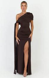 Bree Maxi Dress - Cape Tie Off Shoulder Fit And Flare Dress in Chocolate