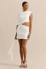 Danellia | White Round-Neck Mini Dress With Cut-Out Detail And Sash