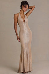 Embellished Plunge Neck Open Back Gown in Beige Gold