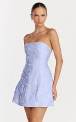 Rosalie Mini Dress - Strapless Jacquard Floral Mini Dress in Blue