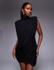 Ruched & Ready sculpting high neck padded shoulder detail extreme draped front mini dress in black
