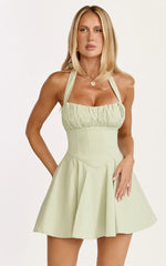 Vionette Mini Dress - Halter Neck Ruched Bust Corset Dress in Sage