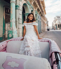 JuliaFashion - White Lace Petal Sleeve Vintage Maxi Dress