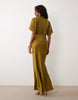 satin high neck blouson maxi dress with flutter sleeve in dark khaki