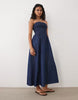 Brave Soul chambray strapless midi dress with shirred bodice in indigo