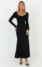 Gabriella Maxi Dress - Long Sleeve Scoop Neck Dress in Black