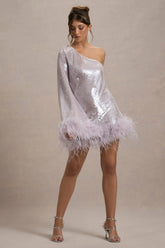 Free Soul Lilac Sequin One Shoulder Feather Trim Mini Dress
