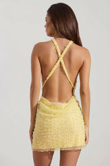 Embellished Cowl Neck Backless Mini Dress in Yellow