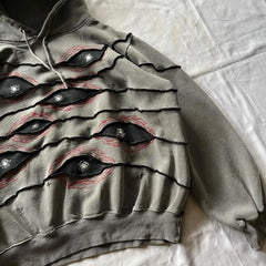 Hip Hop Gothic Retro Eye Patchwork Gray Loose Hoody