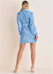 Belted Mini Shirt Dress Blue Allover Spring Paisley