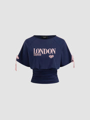 England London Cotton-blend Graphic Side Stripe Bowknot Ruched Tee