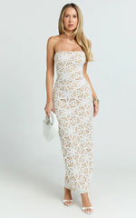 Tamika Midi Dress - Crochet Strapless Column Dress in White