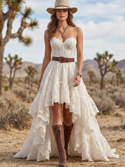 Strapless Waist Belt Multi Tier Lace High Low Western Maxi Dress