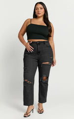 Billie Jeans - High Waisted Cotton Distressed Mom Denim Jeans in Black Wash