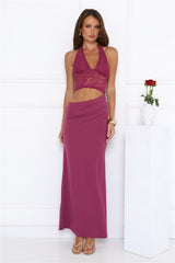 Sway In Moonbeams Halter Lace Maxi Dress Plum