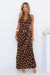 Nova Nights Halter Polka Dot Maxi Dress Brown