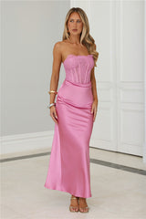 Only Lover Satin Lace Strapless Maxi Dress Pink
