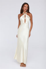 Sleek Halter Neck Cutout Satin Maxi Dress Yellow