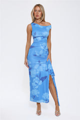 Ocean Bloom One Shoulder Mesh Maxi Dress Blue