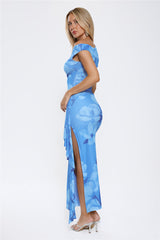 Ocean Bloom One Shoulder Mesh Maxi Dress Blue