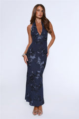 Lime Light Mesh Halter Maxi Dress Navy