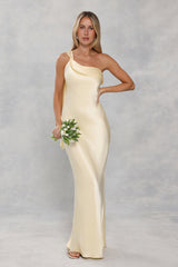 The Zafira One Shoulder Satin Maxi Dress Yellow