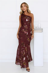 Opulent Bloom One Shoulder Maxi Dress Burgundy