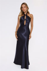 Sleek Halter Neck Cutout Satin Maxi Dress Navy