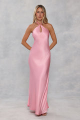 The Delilah Satin Halter Maxi Dress Candy Pink