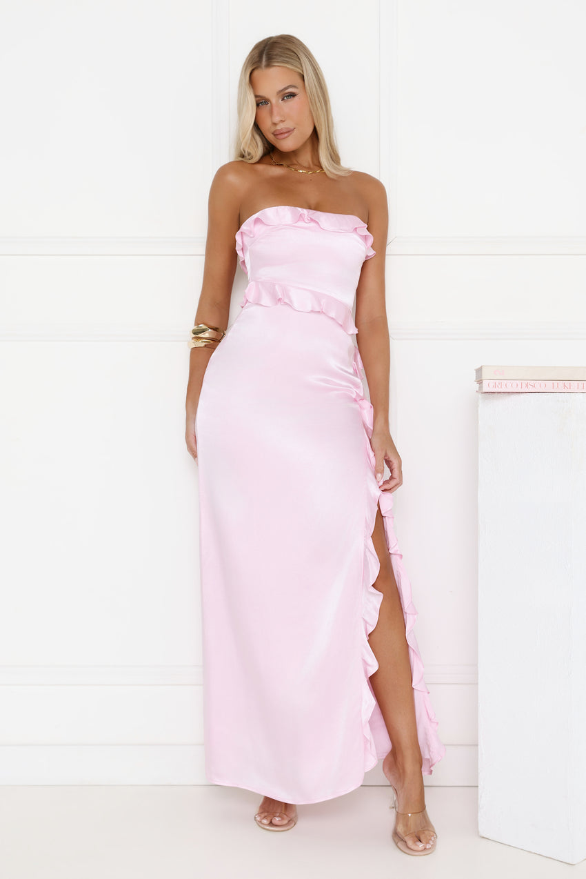 Seaside Eternity Strapless Satin Maxi Dress Pink
