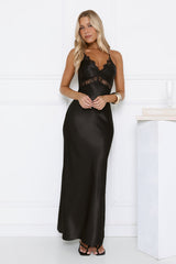 Satin Lace Crisscross Back Maxi Dress Black