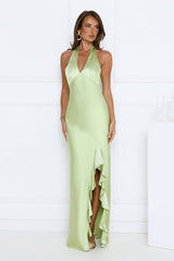 Satin Whirl Halter Maxi Dress Green