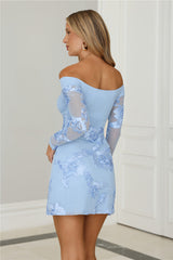 Dreamy Floral Embroidered Mesh Mini Dress Blue