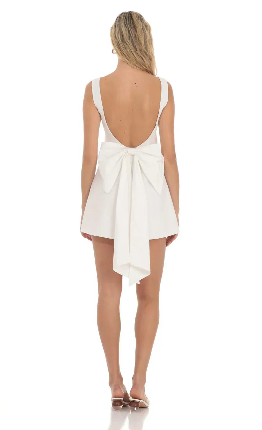 High Neck Back Bow Dress In White