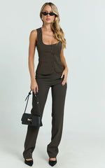 Lorena Pants - Low Rise Slim Straight Leg Pants in Dark Brown