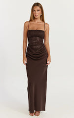 Contrast Lace Bodice Bias Cowl Drop Waist Dress in Chocolate