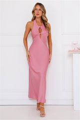 Impeccable Halter Satin Maxi Dress Pink