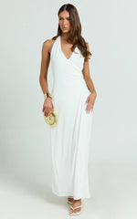 Roseville Midi - Wrap Front Halter Dress with Hardware Detail in White