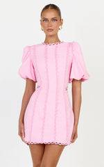 Laila Mini Linen Blend Dress - High Neck Side Cut Out Puff Sleeve Straight Dress in Pink