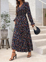 Loose Puff Sleeves Elasticity Floral Printed Split-Joint V-Neck Maxi Dresses