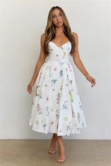 In Full Bloom Floral Corset Midi Dress White