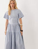 Ghospell Piper short sleeve tiered skirt midi dress in light blue striped print