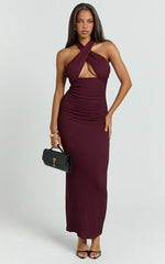 Vivianne Midi Dress - Wrap Halter Neck Fitted Skirt Dress in Wine