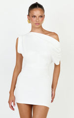 Nalfie Mini Dress - Tipped Shoulder Jersey Drape Dress in White