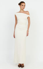 Veda Maxi Dress - Asymmetric One Shoulder Ruched Maxi Dress in Cream