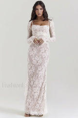 Vintage Cream White Charming Lace Maxi Dress